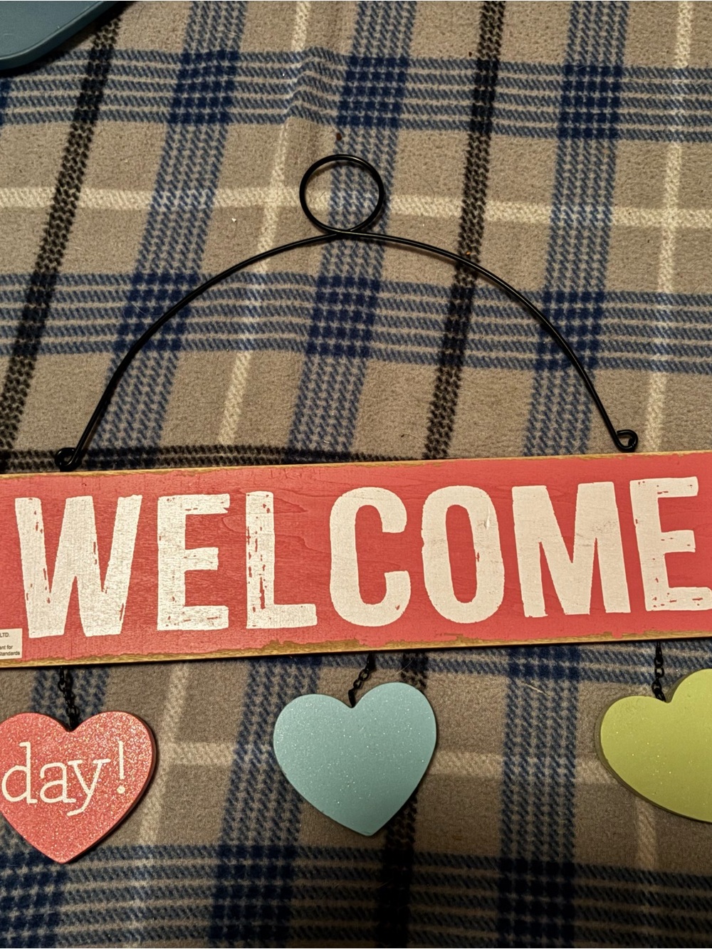 Welcome Hanging Sign with Pastel Heart Accents - Red and Mint
